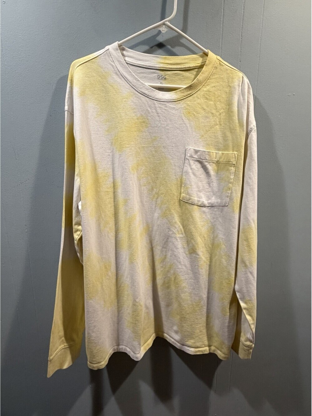 Mens DSG Crew Neck T Shirt Long Sleeves Size XL Tie Dye Yellow White